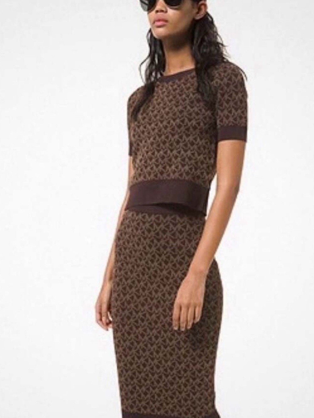 Michael Kors MK Logo Jacquard Knit Pencil Skirt Brown Tan Size L Stretch